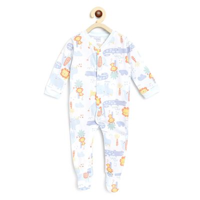 Boys Light Blue Printed Front Opening Babysuit